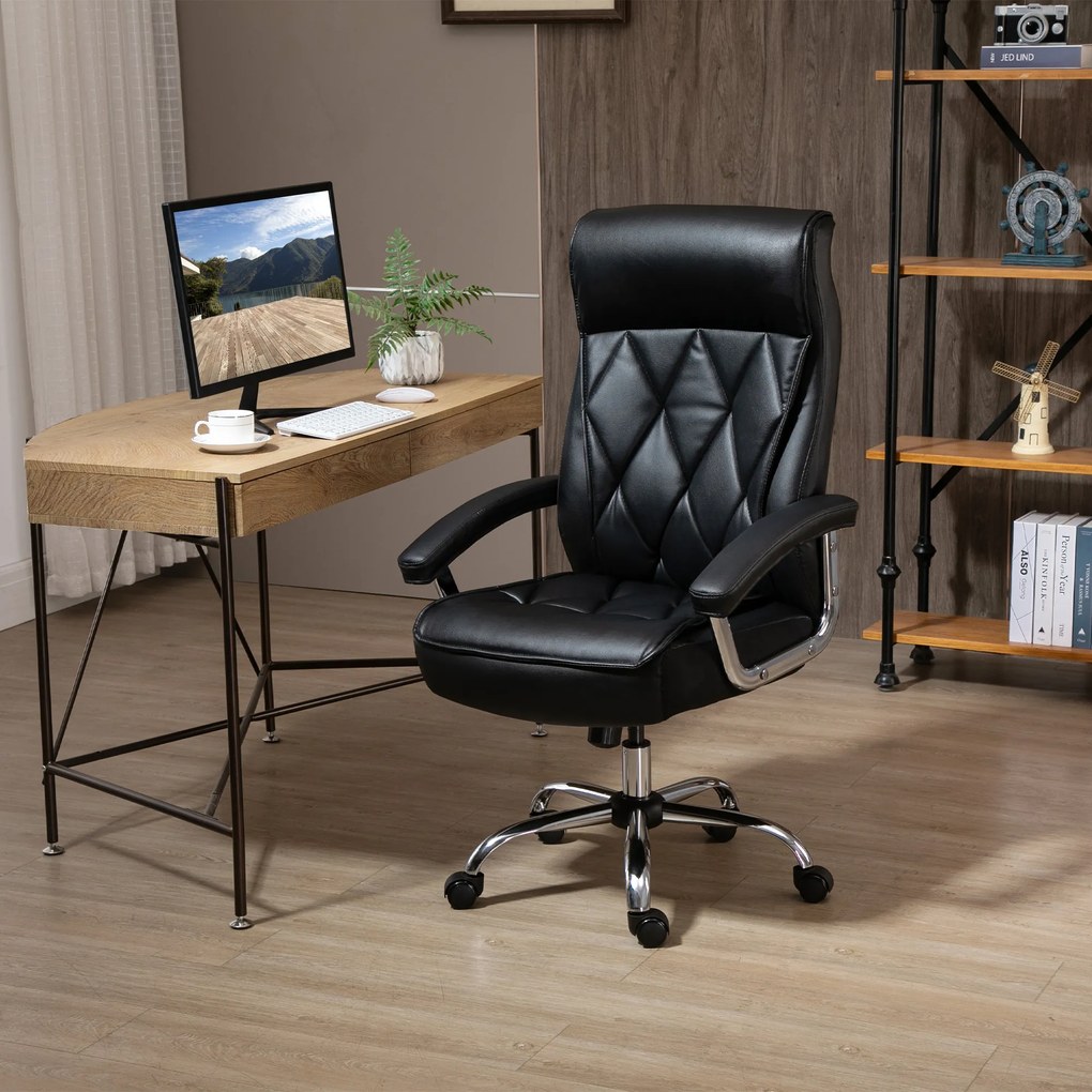 Vinsetto Cadeira de Escritório Ergonômica Cadeira de Escritório Giratória e Basculante com Altura Ajustável Encosto Alto e Apoio para a cabeça Acolchoado Pele Sintética 66x69x113-121cm Preto