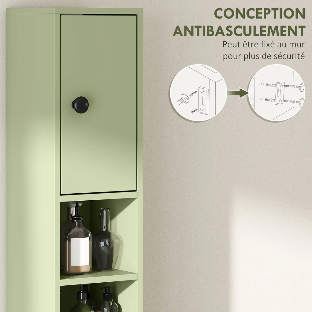 Coluna de arrumação alta para casa de banho 20 x 20 x 180 cm, com 1 gaveta, 4 prateleiras ajustáveis e 2 armários, verde