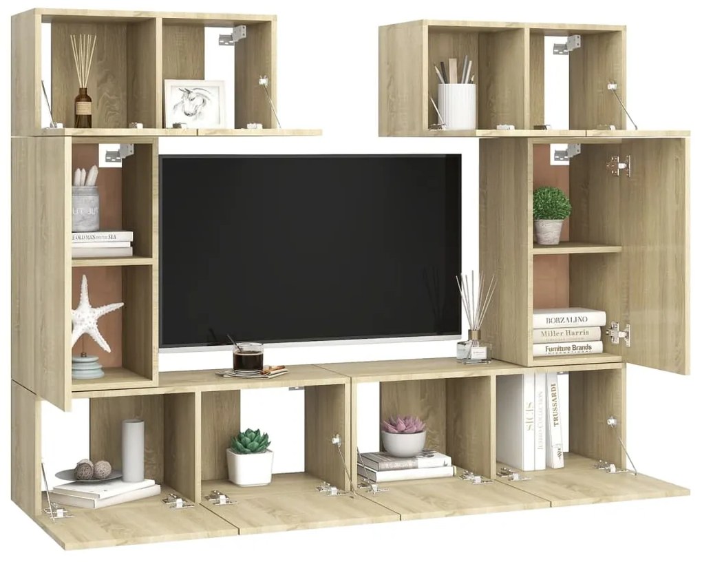 6pcs conjunto de móveis de TV derivados madeira carvalho sonoma