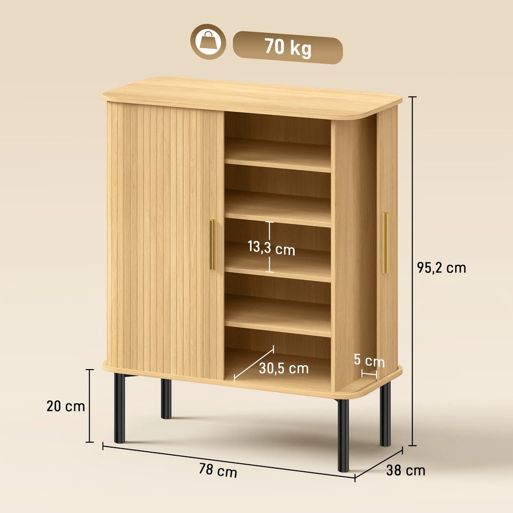 Sapateira 5 Níveis 15 Pares com Portas Deslizantes Prateleiras Ajustáveis 78x38x95,2 cm Cor Carvalho