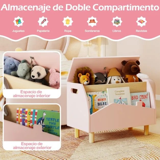 Estante de brinquedos 60 x 30 x 44 cm de madeira com baú para guardar brinquedos para crianças, estante infantil, Rosa