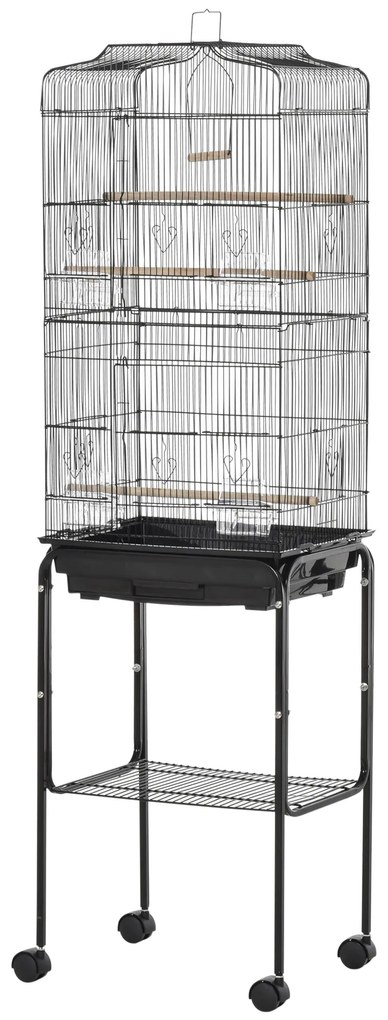 PawHut Gaiola para Passáros com Suporte Gaiola Metálica de Aves Canários com 4 Rodas Portas 4 Comedouros 3 Poleiros Bandeja Removível e