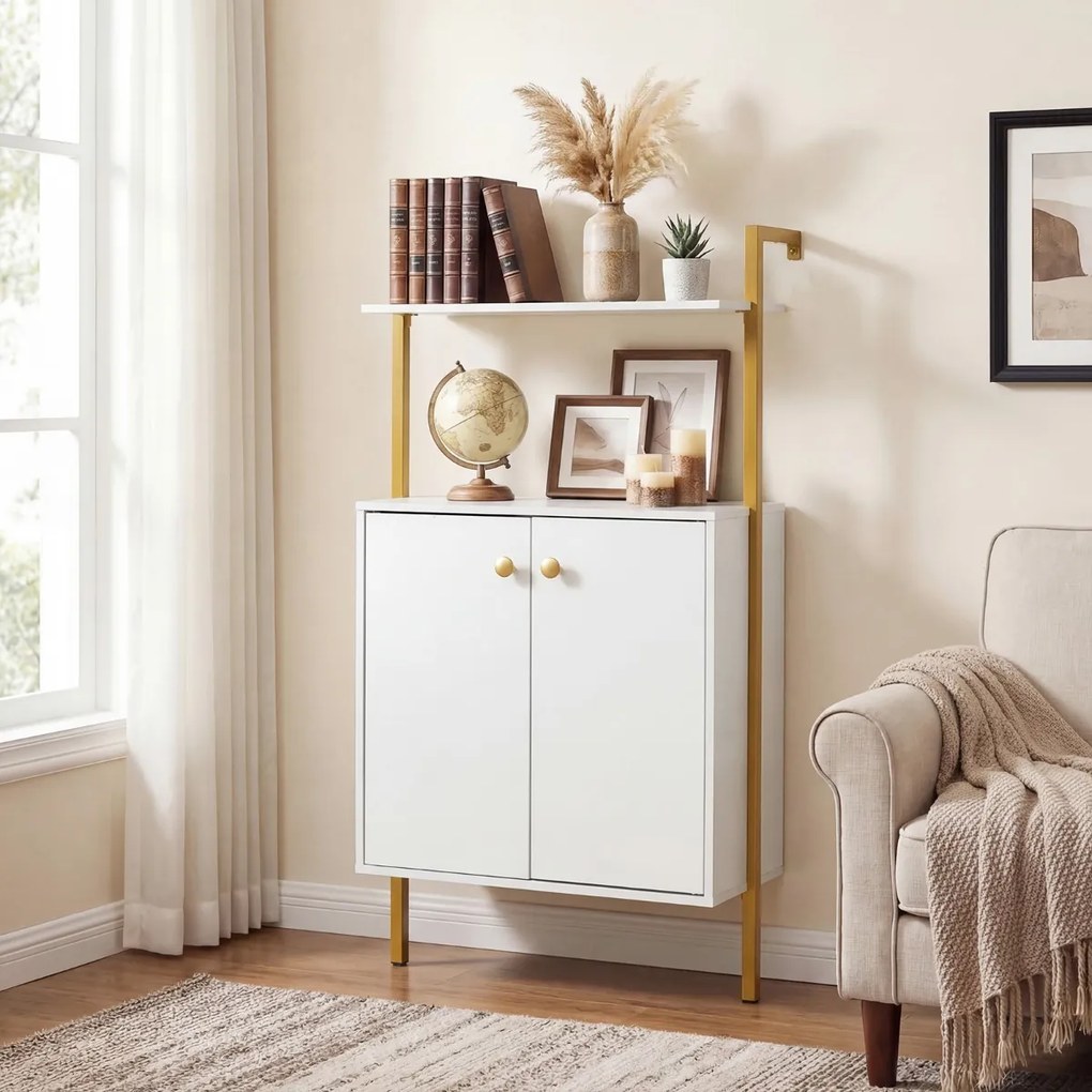 Estante de parede de 4 prateleiras com portas 53 x 29,5 x 96 cm e puxadores dourados para sala, quarto ou escritório Branco + Dourado