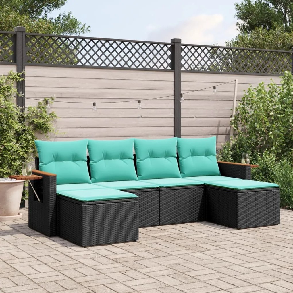 6 pcs conjunto de sofás p/ jardim c/ almofadões vime PE preto