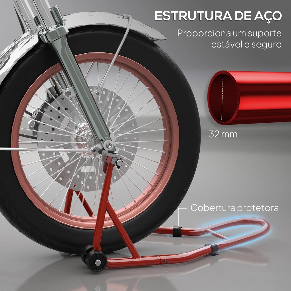 Suporte de Moto Dianteiro Universal de Aço para Roda de 10" 17" 18" Carga 200 kg com Garfos em U e L Ajustáveis 70x47x34,5 cm Vermelho