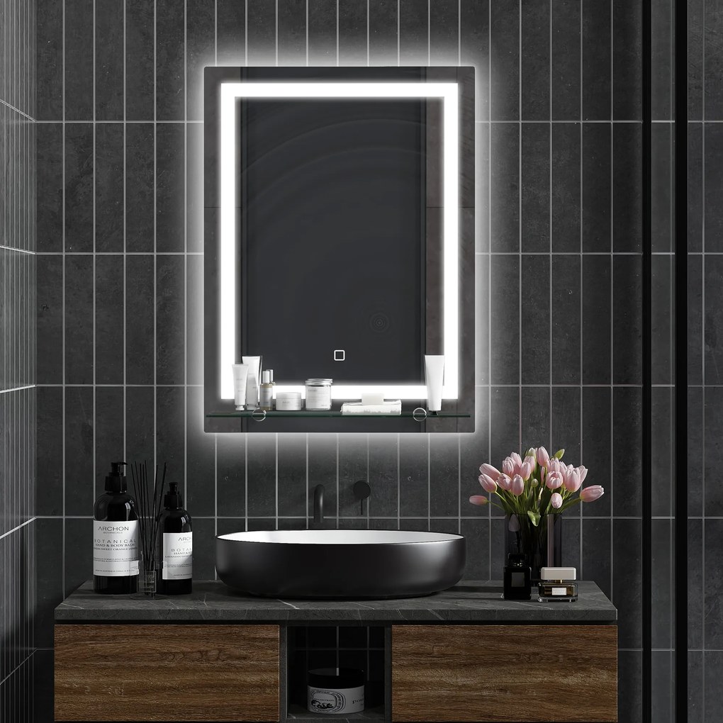 Espelho de parede LED para casa de banho 50 x 70 cm com prateleira integrada, 3 cores, luminosidade ajustável e interruptor tátil prateado