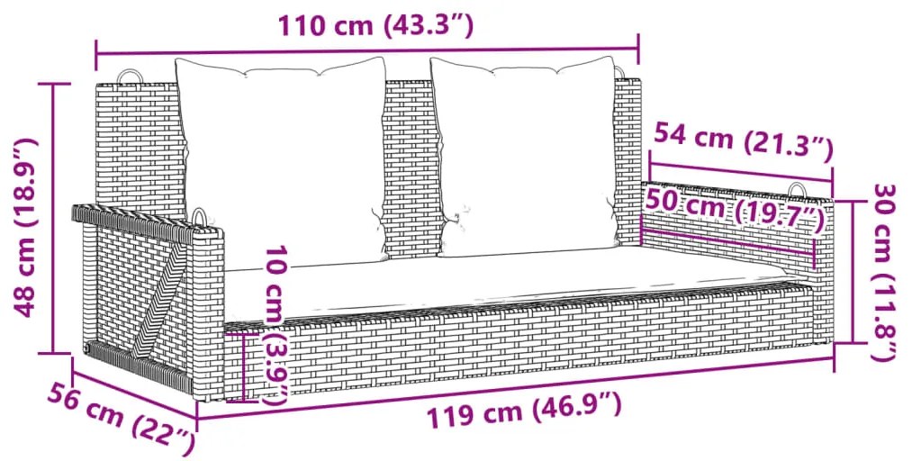 Banco baloiço com almofadões 119x56x48 cm vime PE bege