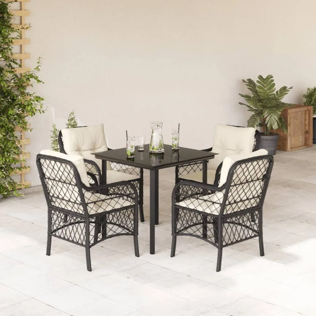 5 pcs conjunto de jantar p/ jardim c/ almofadões vime PE preto
