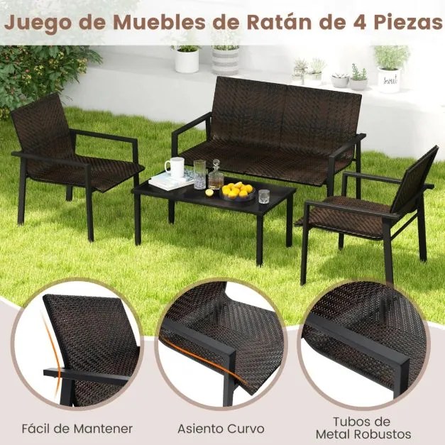 Conjunto de móveis jardim de 4 peças com estrutura metálica galvanizada robusta em vime Castanho