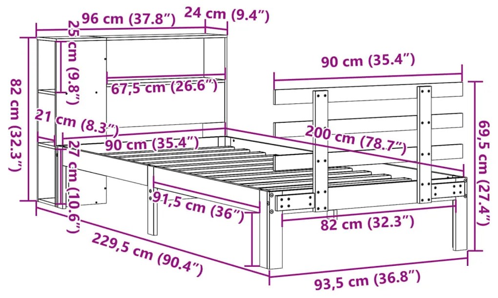 Cama com estante sem colchão 90x200 cm pinho maciço