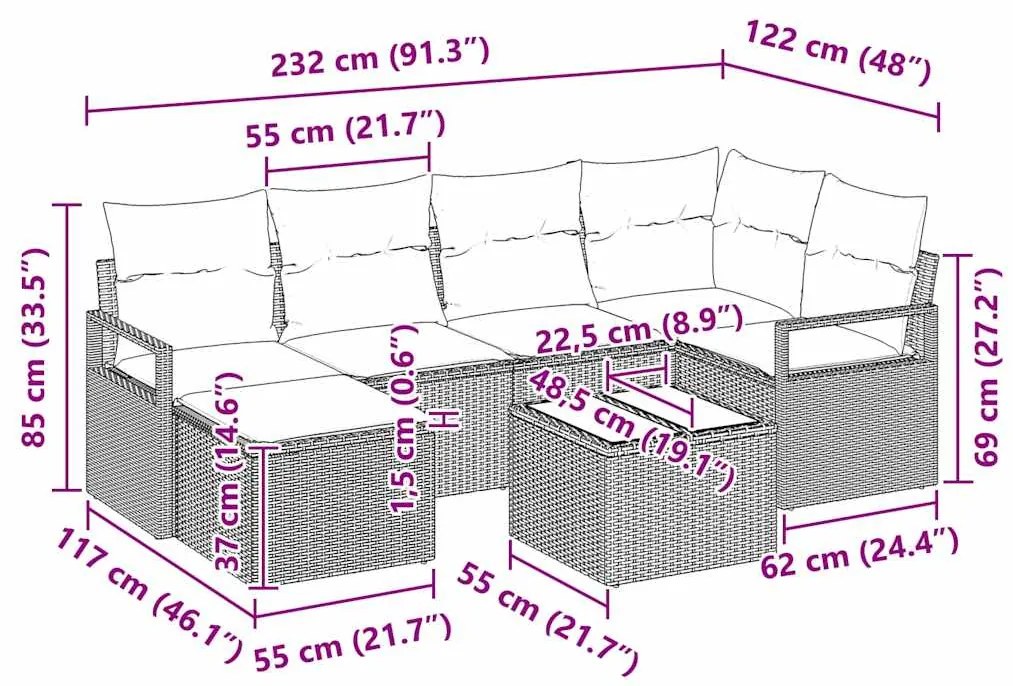 Conjunto de Sofá para Jardim com 7 Peças e Almofadas Beges em Rattan S