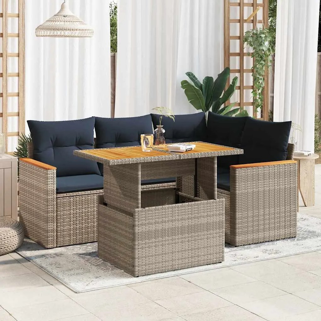 5 pcs conjunto sofás de jardim c/ almofadões vime PE cinzento