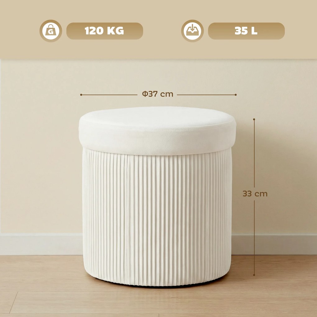 Puff de Arrumação Banco de Arrumação Dobrável 35 L 38x38x38 cm Estofado em Veludo Baú de Arrumação Redondo Creme