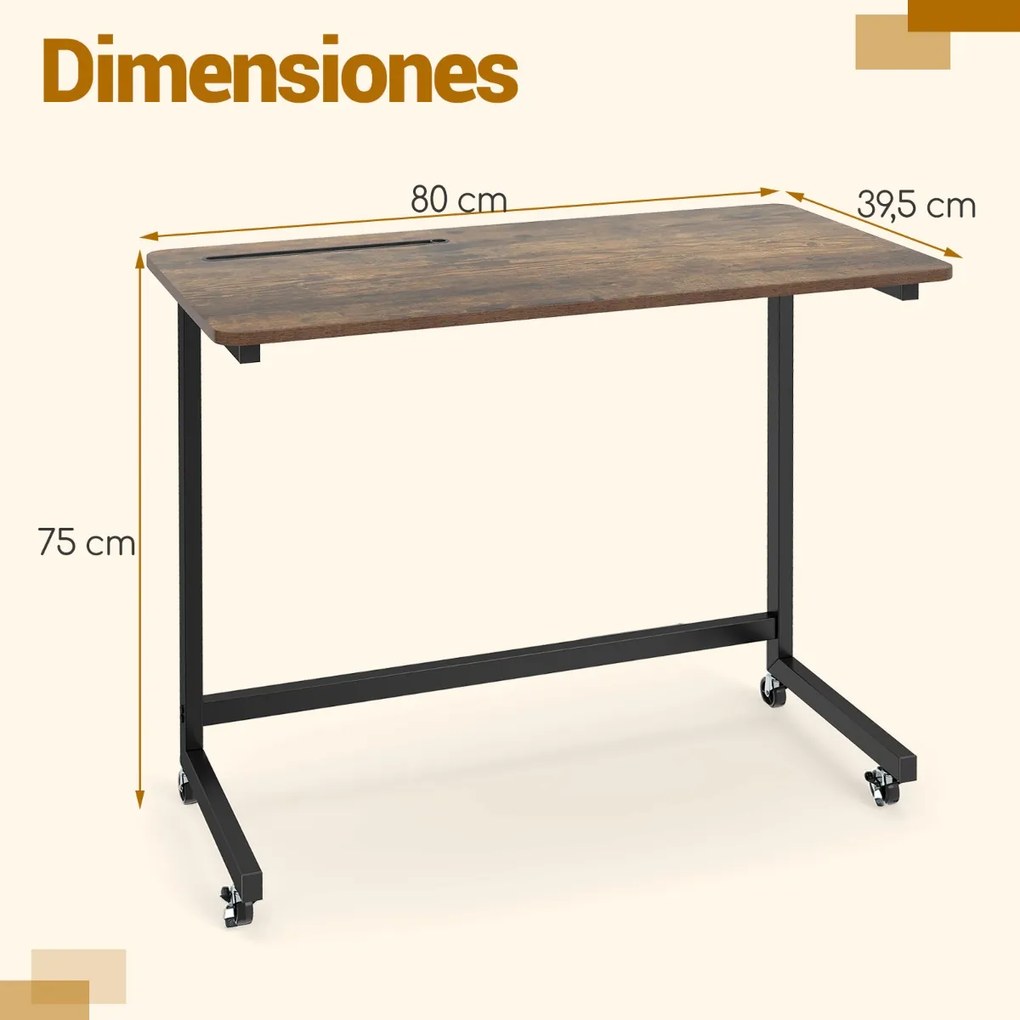 Mesa lateral apoio 80 x 40 x 75 cm com rodas em forma de C para sofá, quarto e sala, castanho rústico e preto