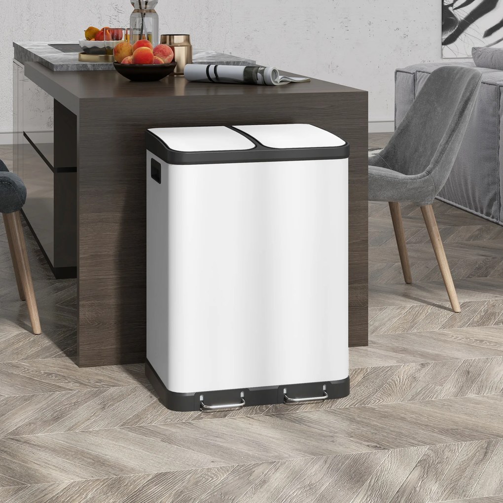 Caixote do lixo de cozinha 2 x 30 L com pedal em aço inoxidável, 2 compartimentos, tampa com fecho suave, 60 L, branco