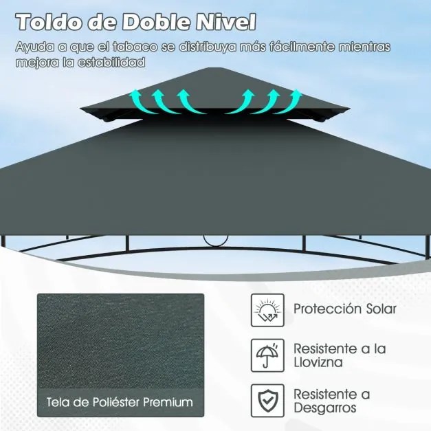 Tenda jardim para churrasqueira (NÃO INCLUIDA) de dois andares com 2 prateleiras e 7 ganchos, estrutura metálica e toldo flexível para jardim ou terra