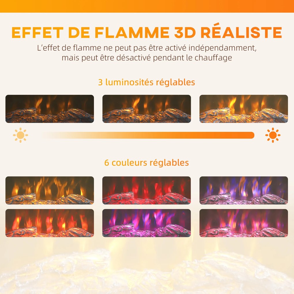 Lareira elétrica de 1000 W/2000 W 68,5 x 27,5 x 63 cm,, lareira decorativa com efeito de chama 3D em 6 cores e 3 níveis de luminosidade,  castanho
