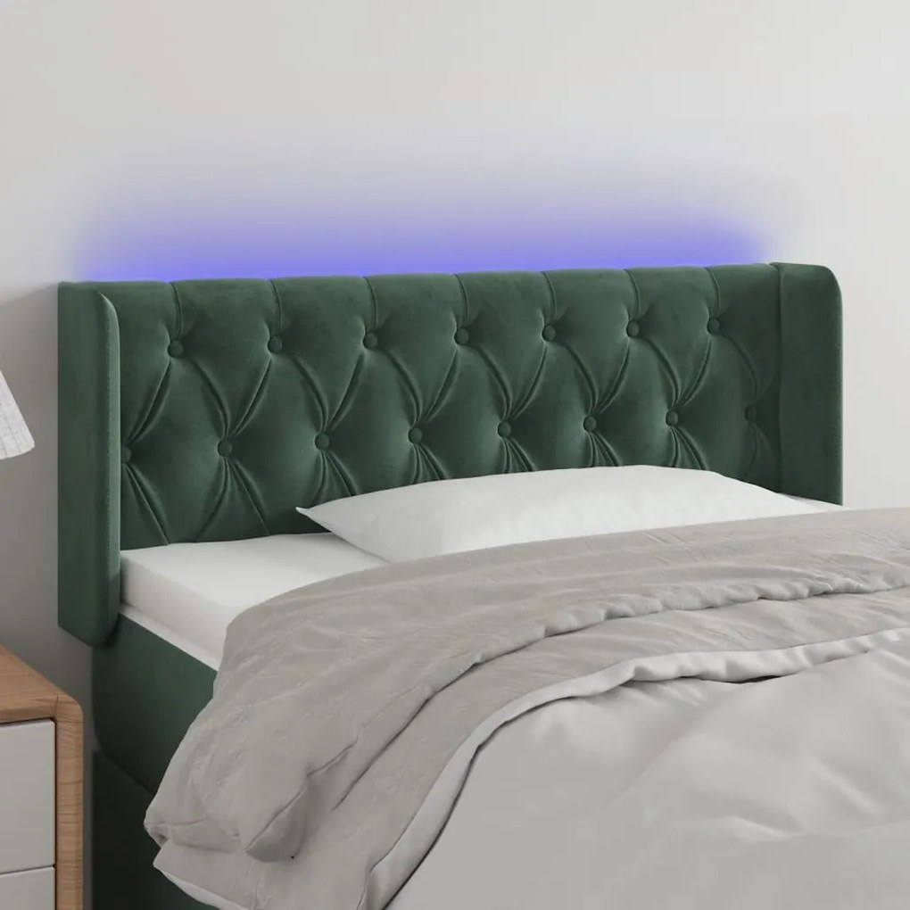 Cabeceira cama c/ luzes LED veludo 93x16x78/88 cm verde-escuro