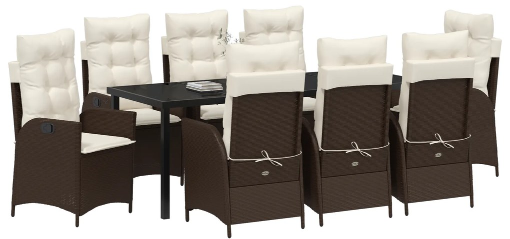 Conjunto de Jantar de Jardim de 9 Peças com Almofadas Castanho Vime PE