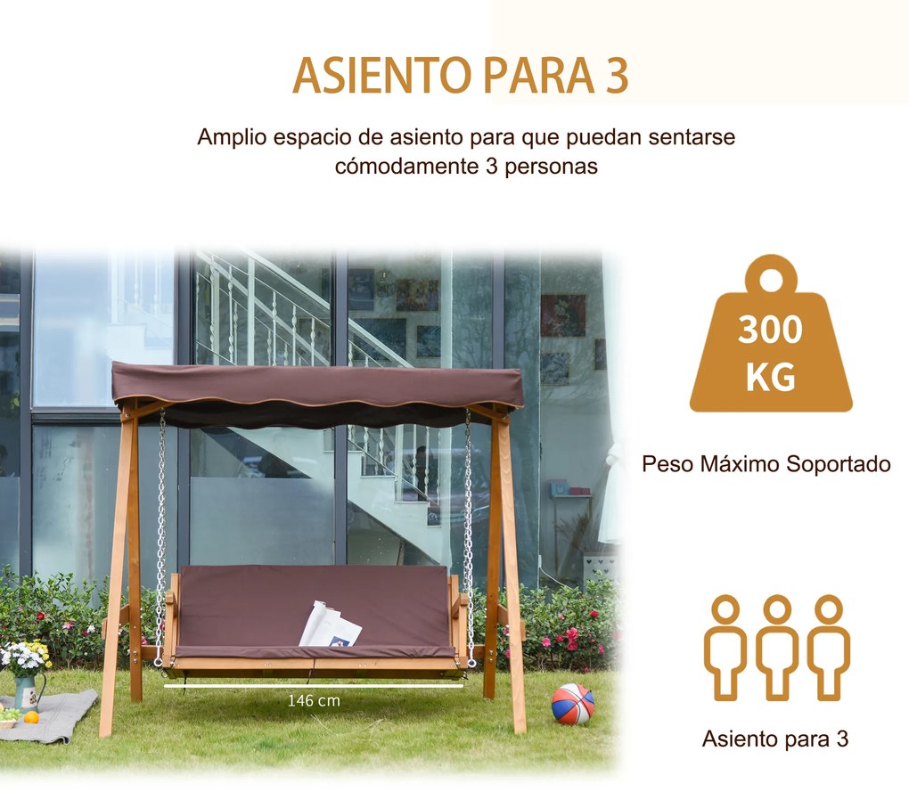 Outsunny Balanço de jardim de madeira para 3 lugares com almofada e encosto acolchoado removível e Ângulo do toldo e altura de assento ajustável ao ar livre 205x130x185 cm marrom