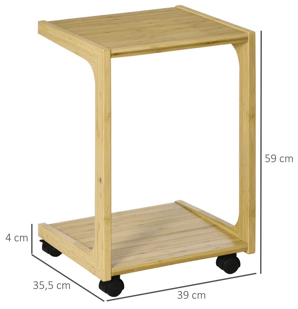 Mesa Auxiliar com Rodas Mesa Lateral de Bambú em Forma de C para Sofá Cama com Prateleira Inferior e Freios para Dormitório Sala de Estar 39x35,5,59cm