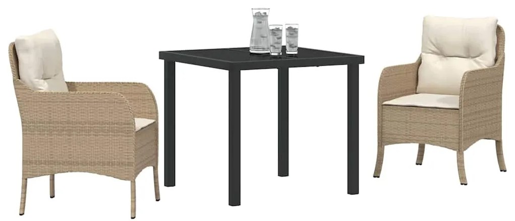 Conjunto de Jantar de Jardim de 3 Peças com Almofadas Bege Rattan PE