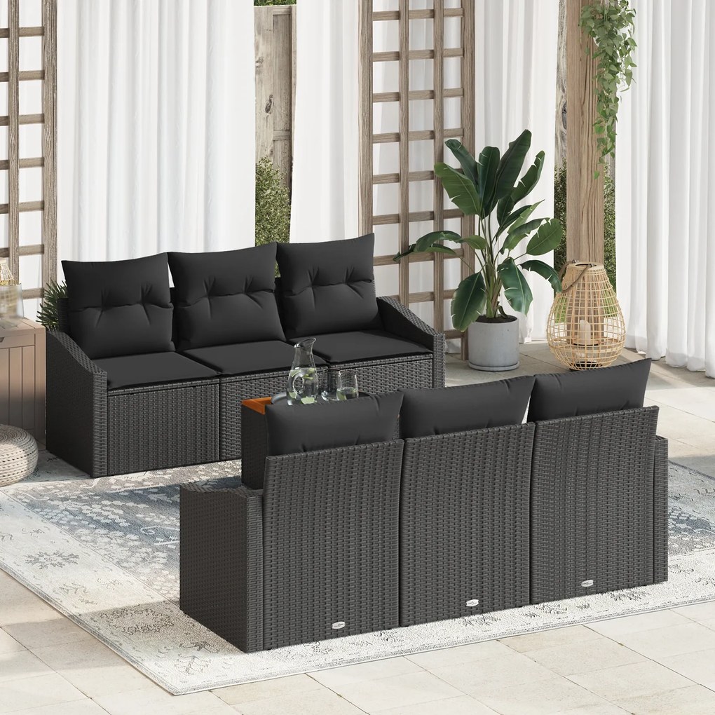 vidaXL Conjunto de Sofás de Jardim de 7 Peças com Almofadas Preto Rattan Poliéster Acácia
