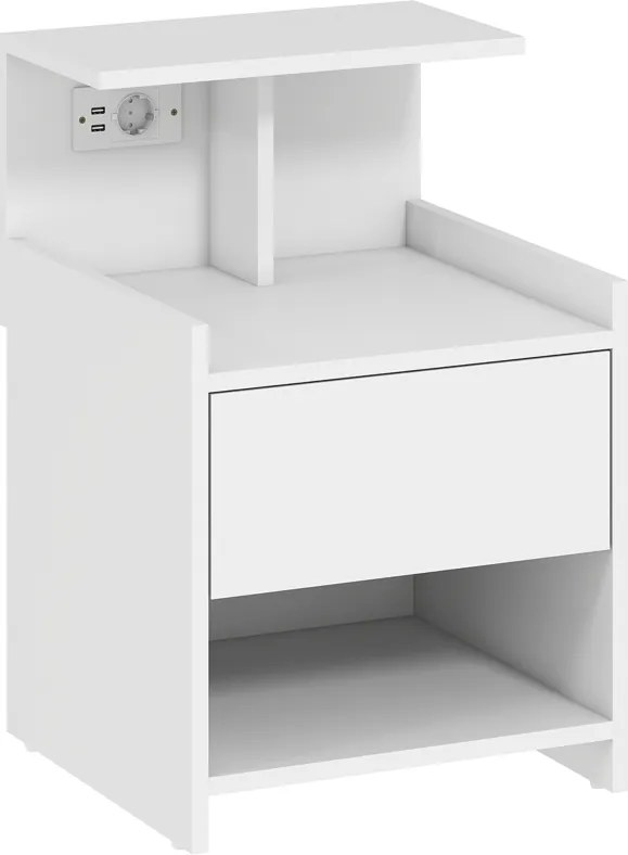 Mesa de Cabeceira 40x40x60 cm com Estação de Carregamento e Portas USB Gaveta e Prateleiras Abertas Branco