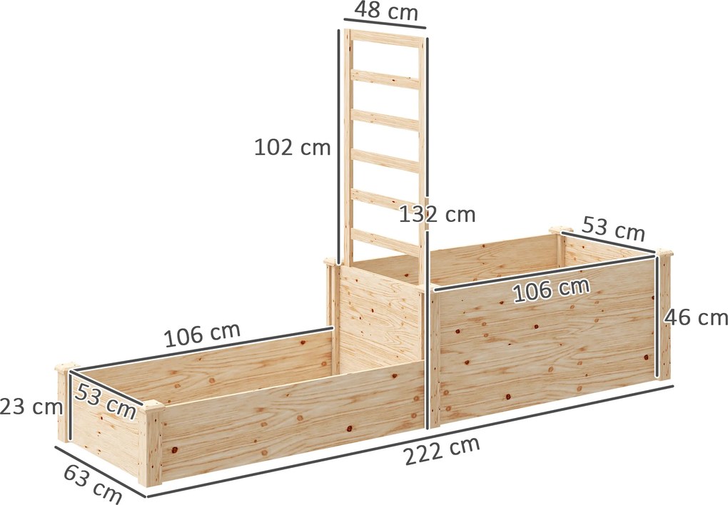 Floreira Exterior de Madeira com Treliça para Plantas Trepadoras e 2 Caixas de Cultivo  222x63x132 cm Madeira