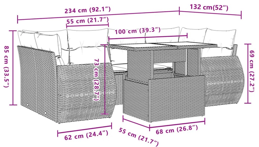 7 pcs conjunto de sofás p/ jardim com almofadões vime PE bege