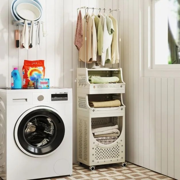 Carrinho para roupa suja 40 x 30 x 158 cm de 4 níveis com barra para pendurar com 2 cestos 8 ganchos bege