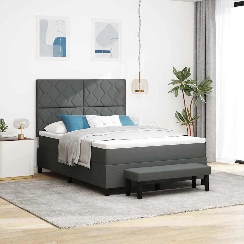 Cama Box Spring com Colchão e Banco Cinza Escura 140x200 cm Tecido