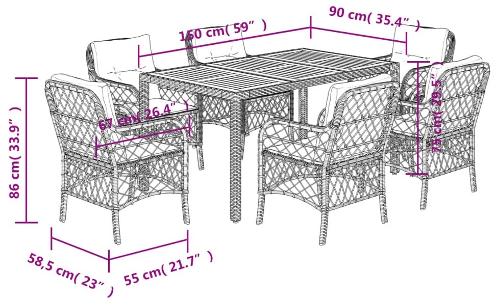 7 pcs conjunto de jantar p/ jardim c/ almofadões vime PE preto