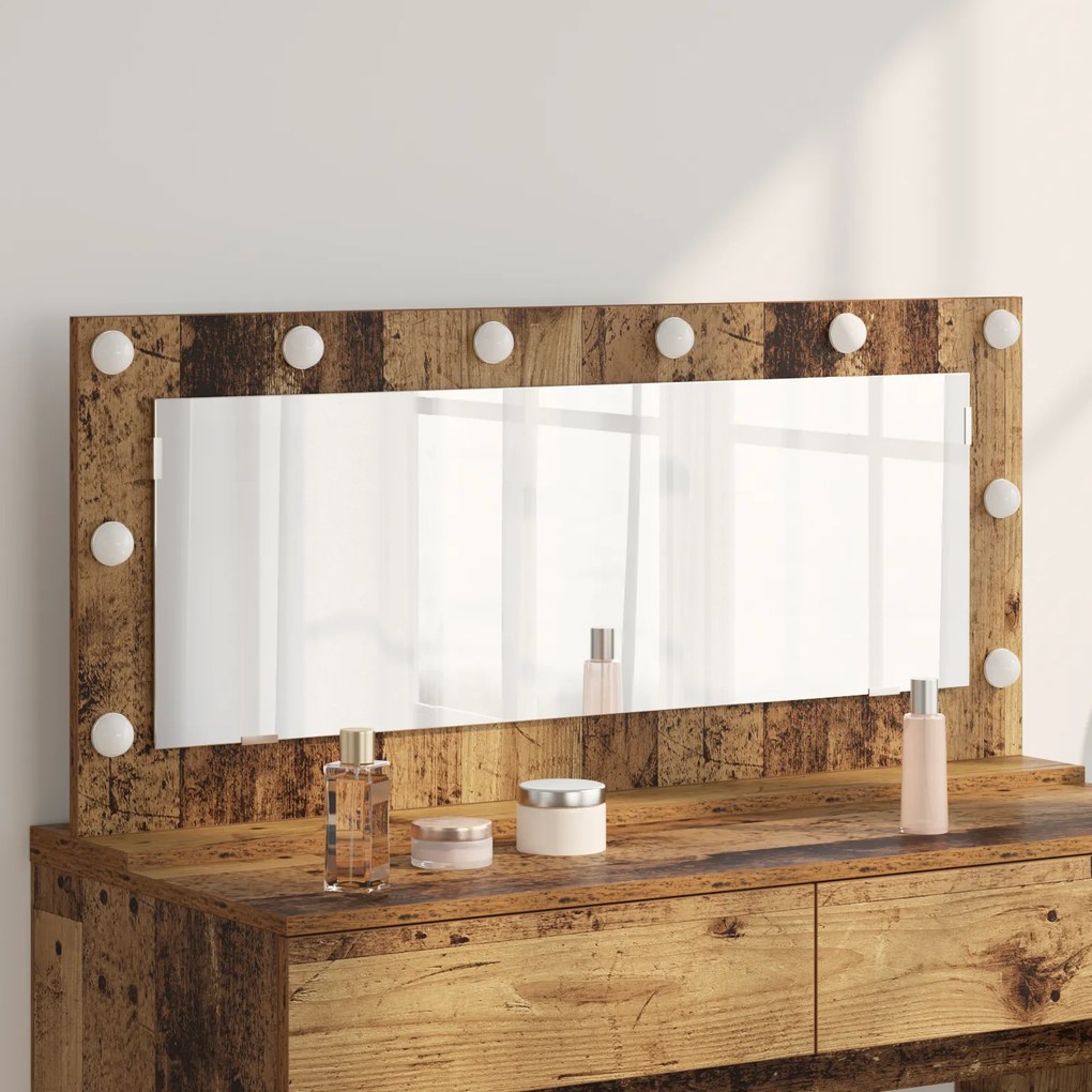 vidaXL Espelho de Maquiagem com Luzes LED Madeira Antiga 100x45x18 cm