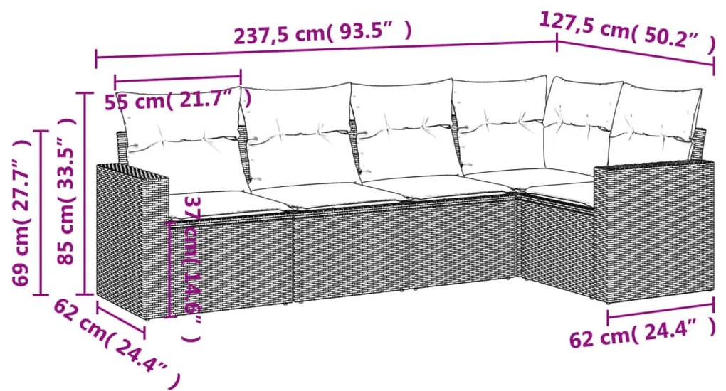 5 pcs conjunto sofás de jardim c/ almofadões vime PE cinzento