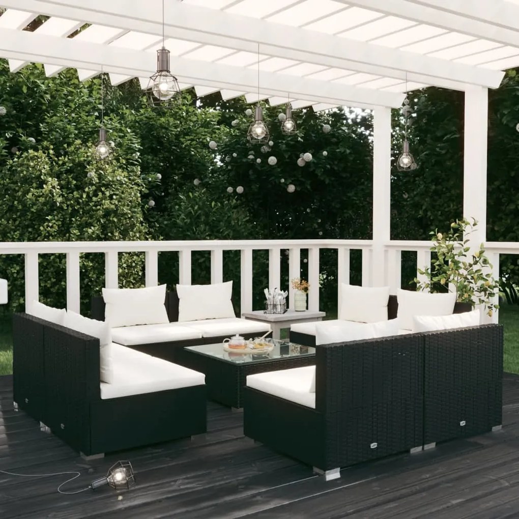 vidaXL 9 pcs conjunto lounge de jardim c/ almofadões vime PE preto