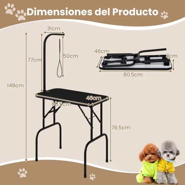 Mesa de Higiene para Animais 80,5 x 46 x 148 cm Dobrável com Braço Ajustável em Altura e Laço Superfície Antiderrapante e Impermeável Preta