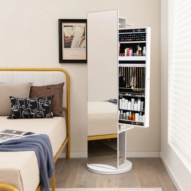 Espelho Armário para joias giratório 360 ° com cabide espelhado independente e luzes LED 50 x 50 x 166,5 cm branco