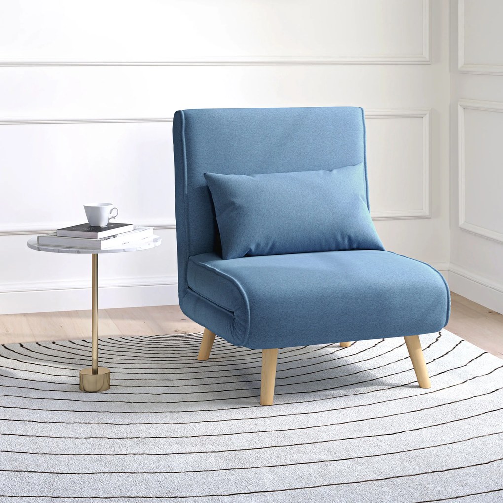 Poltrona conversível 3 em 1: poltrona-cama de 1 lugar com encosto de 5 posições, em tecido com almofada, azul