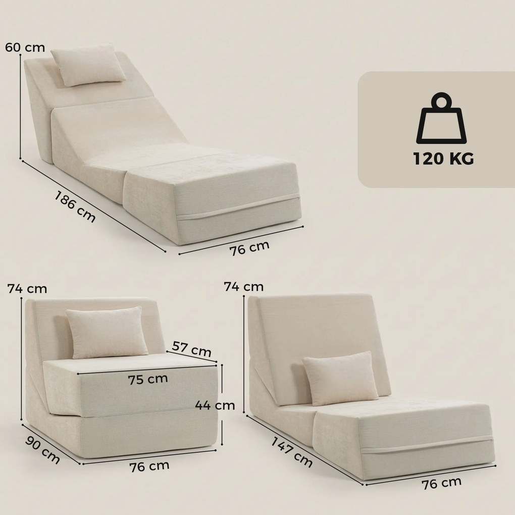 Poltrona-Cama de Chão, 90 x 76 x 74 cm, Convertível 3 em 1, Bege