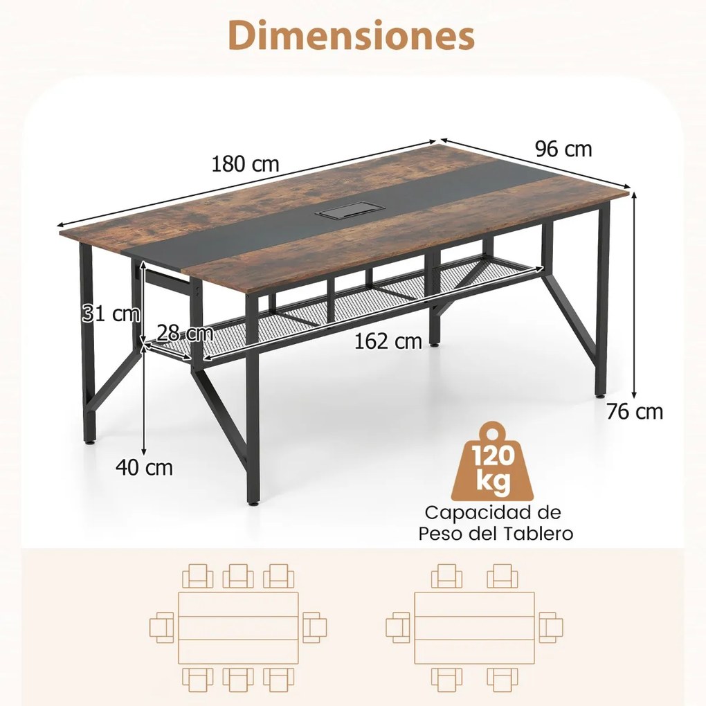 Mesa retangular para reuniões 180 x 96 x 76 cm (CADEIRAS NÃO INCLUIDAS) com prateleira de malha e passagem de cabos para 6-8 pessoas Preto + Castanho