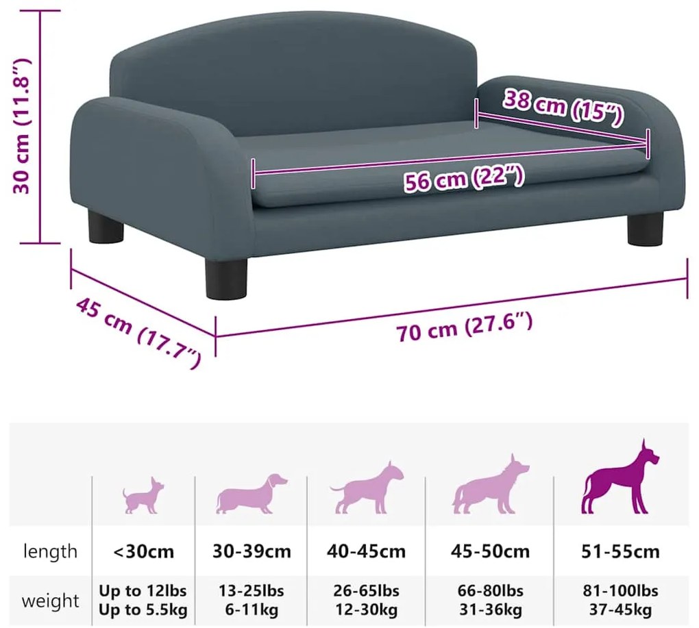 Cama para cães 70x45x30 cm tecido cinzento-escuro
