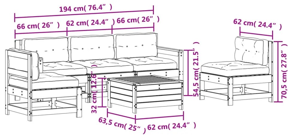 6 pcs conjunto lounge de jardim c/ almofadões pinho impregnado