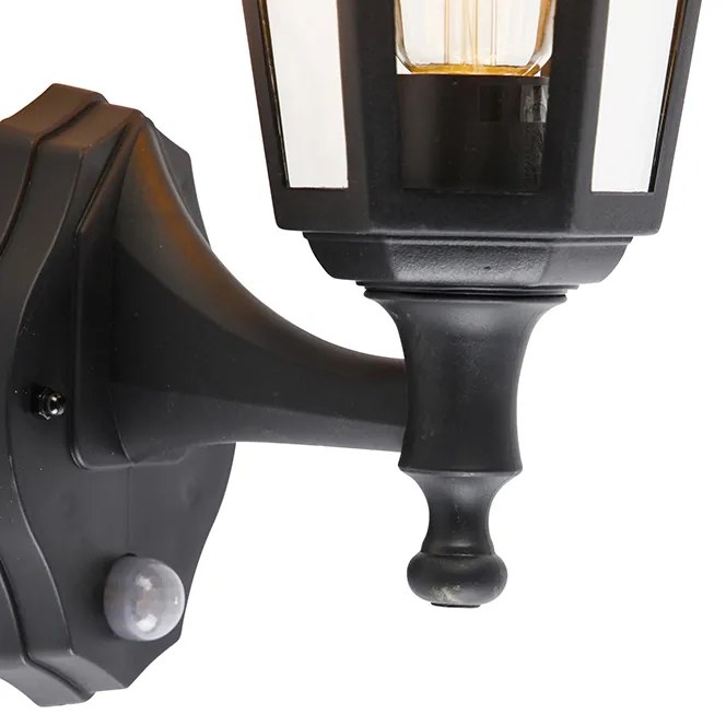 Candeeiro de parede exterior clássico preto com sensor de movimento - New Haven