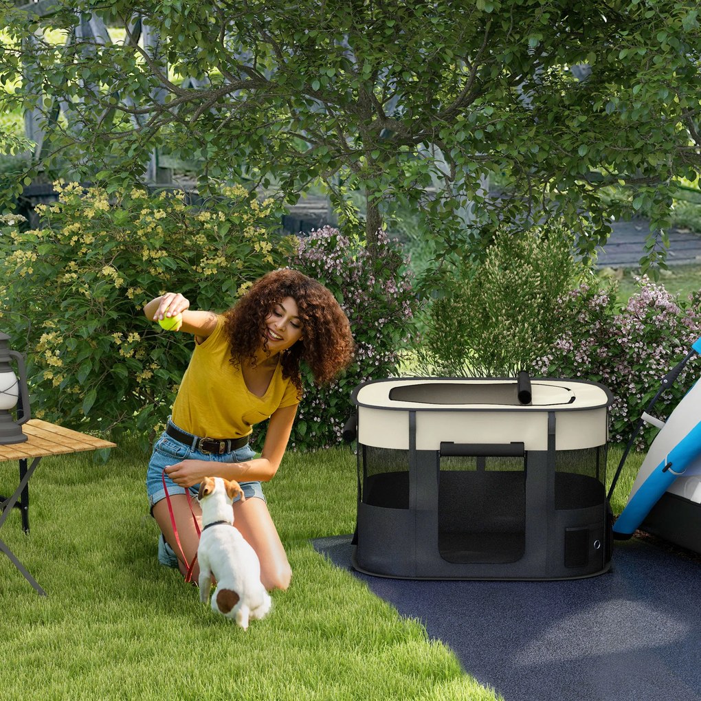 Parque dobrável para cães, gatos e pequenos animais em tecido Oxford com compartimento de arrumação, 94 x 74 x 60 cm, branco creme e preto