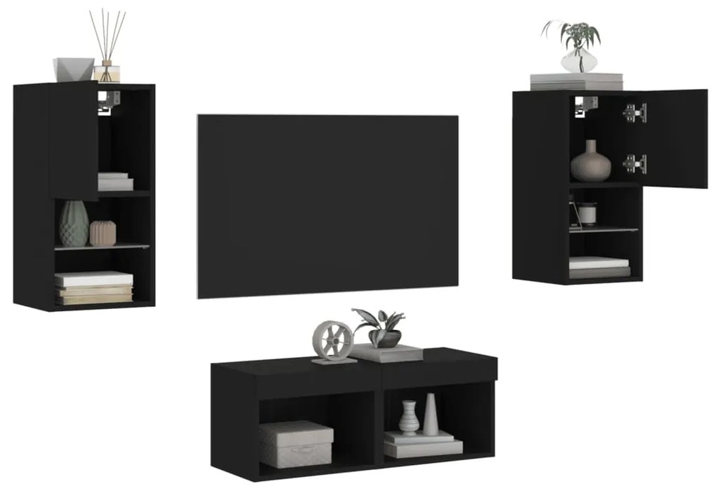 vidaXL 4 pcs móveis de parede para TV com luzes LED preto