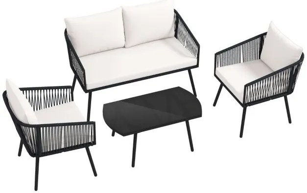 Conjunto de jardim para 4 pessoas com sofá de 2 lugares, 2 cadeiras e mesa de centro em vidro temperado Preto e branco