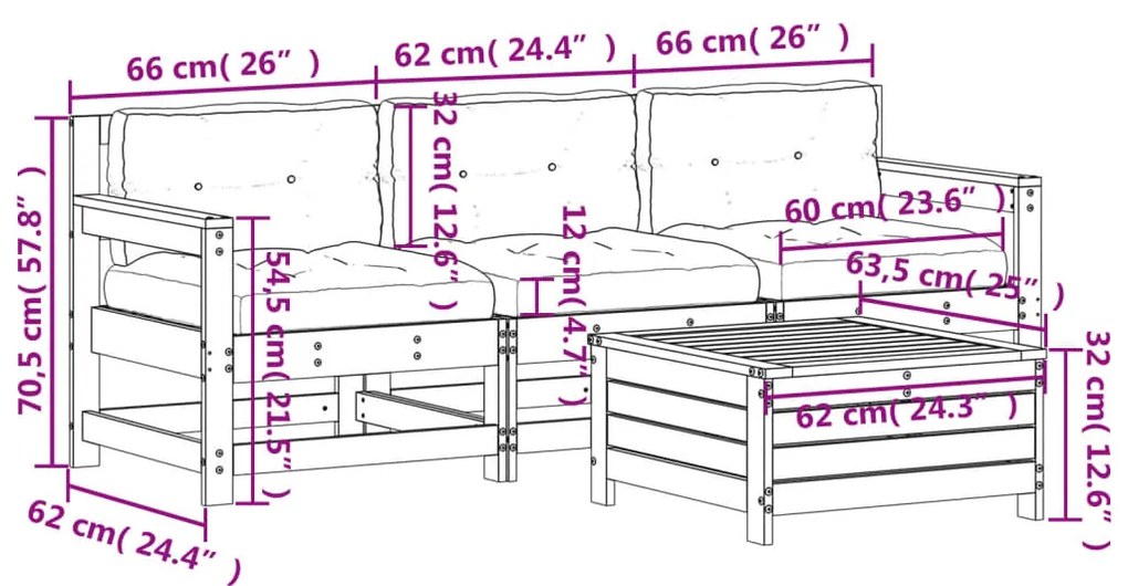 4 pcs conj. lounge jardim com almofadões madeira douglas maciça