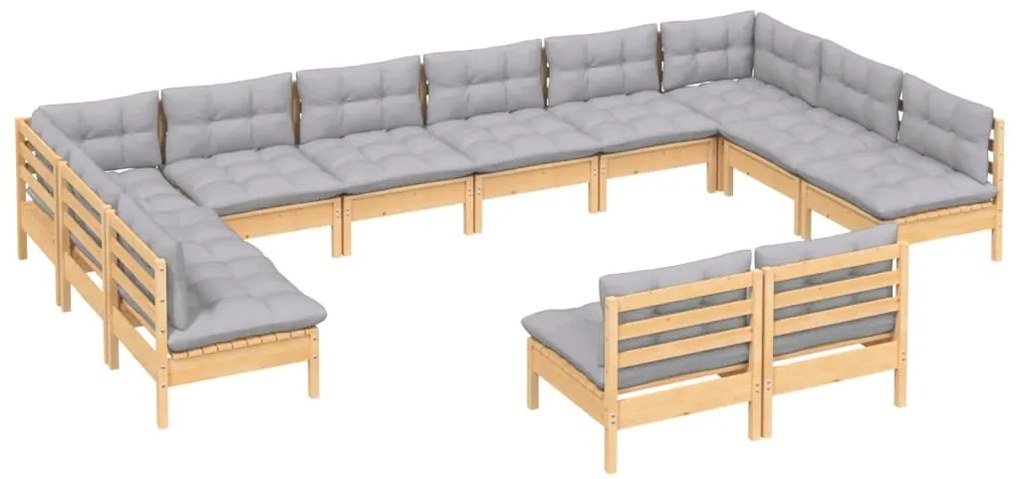 12pcs conjunto lounge de jardim + almofadões cinza pinho maciço