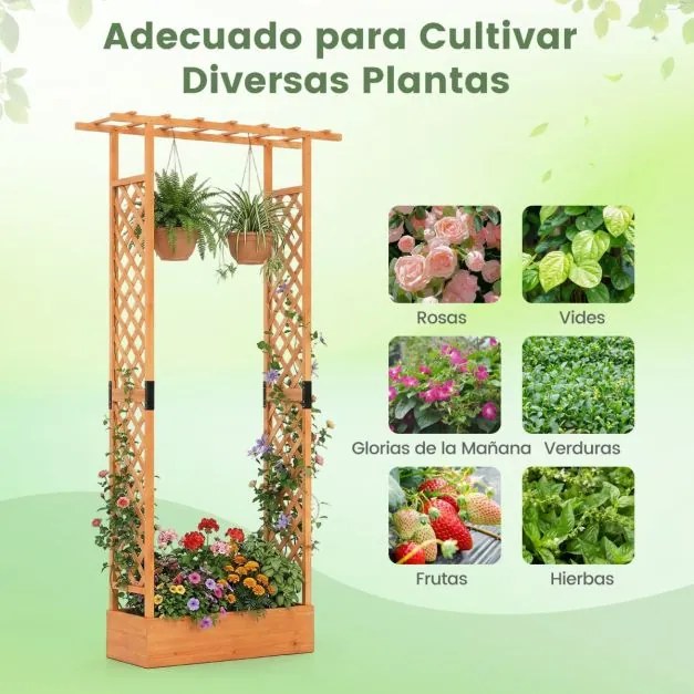 Floreira de jardim 110 x 35 x 227 cm elevada em madeira com treliça, teto suspenso, orifícios de drenagem, abeto, para plantas trepadeiras, laranja